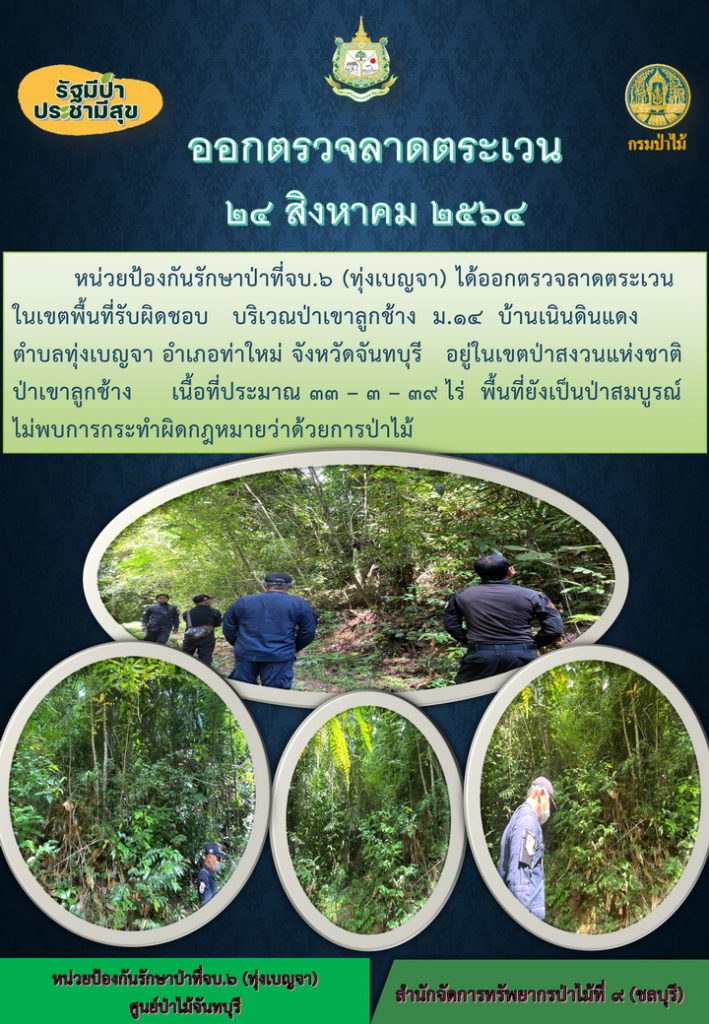 วันที่ 24 สิงหาคม 2564 หน่วยป้องกันรักษาป่าที่ จบ.6 (ทุ่งเบญจา) ได้ออกตรวจลาดตระเวนในเขตพื้นที่รับผิดชอบ บริเวณป่าเขาลูกช้าง หมู่ที่ 14 บ้านดินแดง ตำบลทุ่งเบญจา อำเภอท่าใหม่ จังหวัดจันทบุรี อยู่ในเขตป่าสงวนแห่งชาติป่าเชาลูกช้าง เนื้อที่ 33-3-39 ไร่ พื้นที่ยังเป็นป่าสมบูรณ์ ไม่พบการกระทำความผิดตามกฎหมายว่าด้วยการป่าไม้