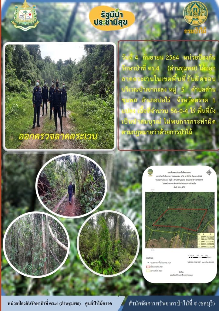 วันที่ 4 กันยายน 2564 หน่วยป้องกันรักษาป่าที่ ตร.4 (ด่านชุมพล) ได้ออกลาดตระเวนในเขตพื้นที่รับผิดชอบ บริเวณป่าเขากะลง หมู่ที่ 5 ตำบลด่านชุมพล อำเภอบ่อไร่ จังหวัดตราด จำนวน 1 แปลง เนื้อที่ 56-0-4 ไร่ พื้นที่ยังคงสภาพเป็นป่าสมบูรณ์ ไม่พบการกระทำความผิดตามกฎหมายว่าด้วยการป่าไม้