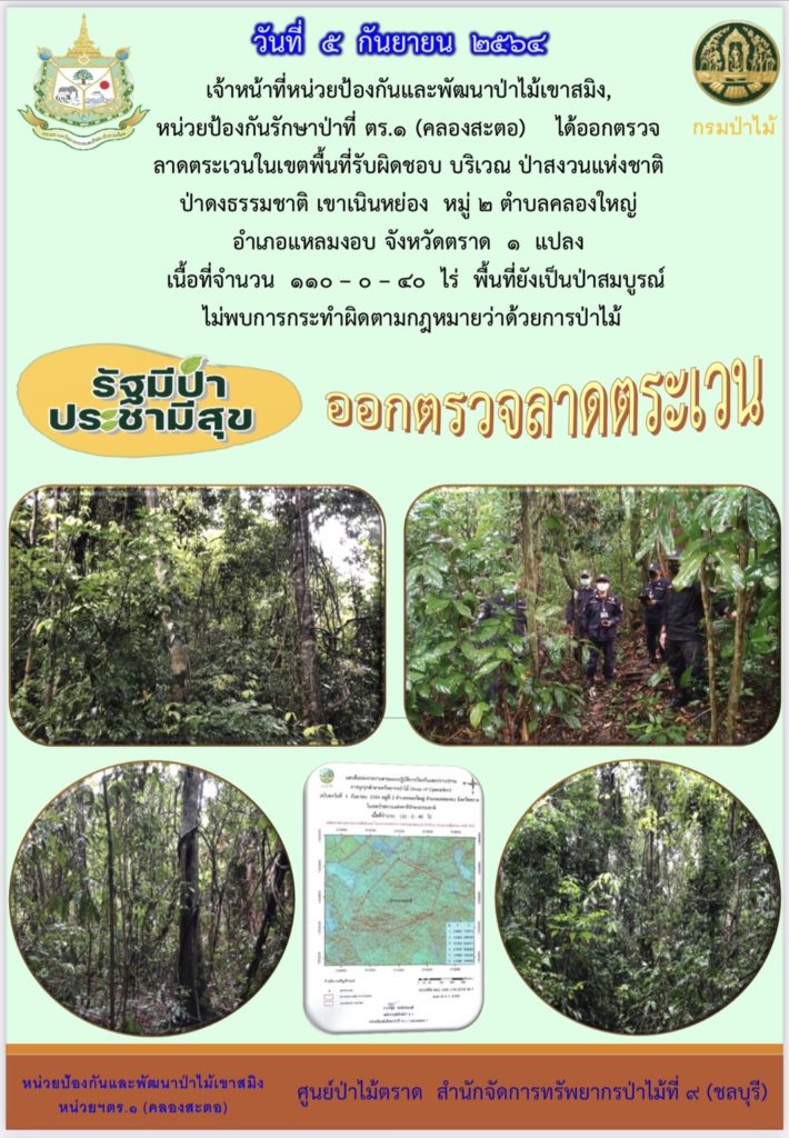 วันที่ 5 กันยายน 2564 เจ้าหน้าที่หน่วยป้องกันและพัฒนาป่าไม้เขาสมิง เจ้าหน้าที่หน่วยป้องกันรักษป่าที่ ตร.1 (คลองสะตอ) ได้ออกตรวจลาดตระเวนในเขตพื้นที่รับผิดชอบ บริเวณป่าสงวนแห่งชาติ ป่าดงธรรมชาติ เขาเนินหย่อง หมูที่ 2 ตำบลคลองใหญ่ อำเภอแหลมงอบ จังหวัดตราด จำนวน 1 แปลง เนื้อที่ 110-0-40 ไร่ พื้นที่ยังคงสภาพเป็นป่าสมบูรณ์ ไม่พบการกระทำความผิดตามกฎหมายว่าด้วยการป่าไม้