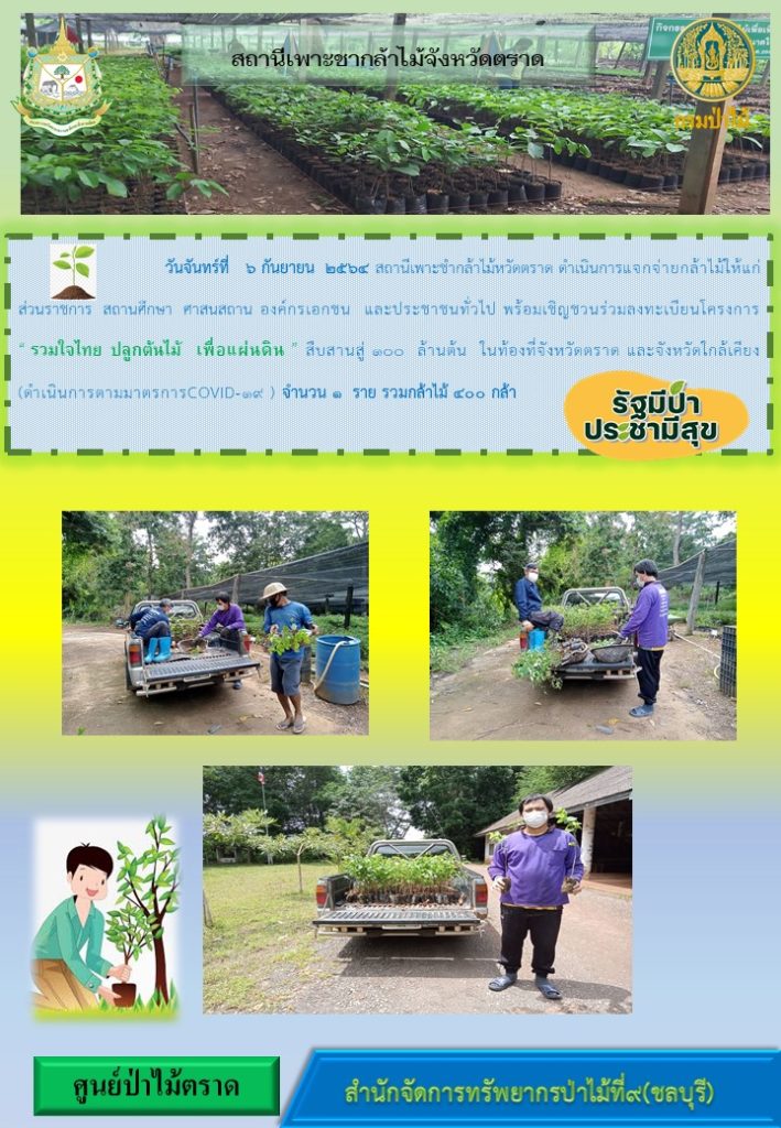 วันที่ 6 สิงหาคม 2564 สถานีเพาะชำกล้าไม้จังหวัดตราด ดำเนินการแจกจ่ายกล้าไม้ให้แก่ส่วนราชการ สถานศึกษา ศาสนสถาน องค์กรเอกชน และประชาชนทั่วไป พร้อมเชิญชวนร่วมลงทะเบียนโครงการ "รวมใจไทย ปลูกต้นไม้เพื่อแผ่นดิน" สืบสานสู่ 100 ล้านต้น ในท้องที่จังหวัดตราด และจังหวัดใกล้เคียง จำนวน 1 ราย รวมกล้าไม้ 400 กล้า