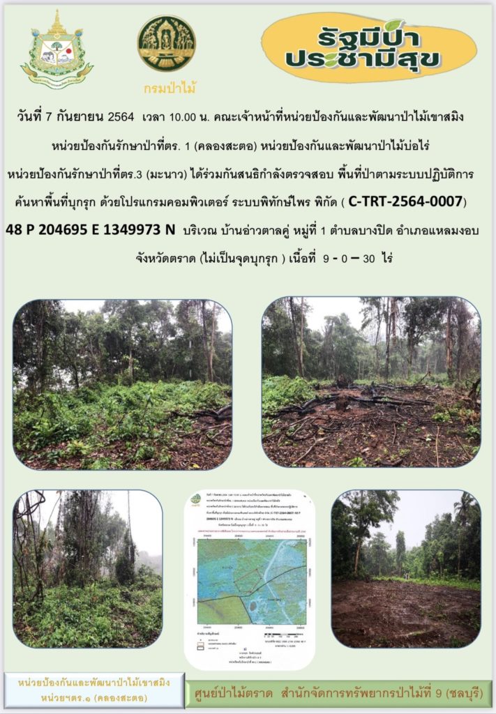 วันที่ 7 กันยายน 2564 เวลา 10.00 น. คณะเจ้าหน้าที่หน่วยป้องกันและพัฒนาป่าไม้เขาสมิง หน่วยป้องกันรักษาป่าที่ ตร.1 (คลองสะตอ) หน่วยป้องกันและพัฒนาป่าไม้บ่อไร่ หน่วยป้องกันรักษาป่าที่ ตร.3 (มะนาว) ได้ร่วมกันสนธิกำลังตรวจสอบ พื้นที่ป่าตามระบบปฏิบัติการค้นหาพื้นที่บุกรุก ด้วยโปรแกรมคอมพิวเตอร์ ระบบทักษ์ไพร พิกัด (C-TRT-2564-0007) 48 P 204695 E 1349973 N บริเวณบ้านอ่าวตาลคู่ หมู่ที่ 1 ตำบลบางปิด อำเภอแหลมงอบ จังหวัดตราด (ไม่เป็นจุดบุกรุก) เนื้อที่ 9-0-30 ไร่