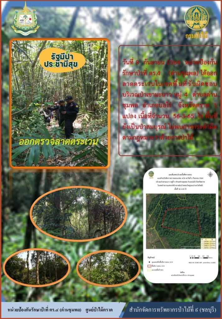 วันที่ 8 กันยายน 2564 หน่วยป้องกันรักษาป่าที่ ตร.4 (ด่านชุมพล) ได้ออกลาดตระเวนในเขตพื้นที่รับผิดชอบ บริเวณป่าเขามะนาว หมู่ที่ 4 ตำบลด่านชุมพล อำเภอบ่อไร่ จังหวัดตราด จำนวน 1 แปลง เนื้อที่ 56-3-65 ไร่ พื้นที่ยังคงสภาพเป็นป่าสมบูรณ์ ไม่พบการกระทำความผิดตามกฎหมายว่าด้วยการป่าไม้