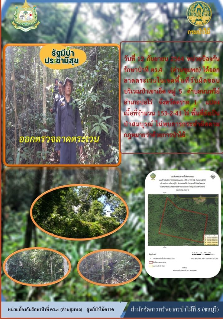 วันที่ 12 กันยายน 2564 หน่วยป้องกันรักษาป่าที่ ตร.4 (ด่านชุมพล) ได้ออกลาดตระเวนในเขตพื้นที่รับผิดชอบ บริเวณป่าเขาเอ็ด หมู่ที่ 5 ตำบลนนทรีย์ อำเภอบ่อไร่ จังหวัดตราด จำนวน 1 แปลง เนื้อที่ 153-2-41 ไร่ พื้นที่ยังคงสภาพเป็นป่าสมบูรณ์ ไม่พบการกระทำความผิดตามกฎหมายว่าด้วยการป่าไม้