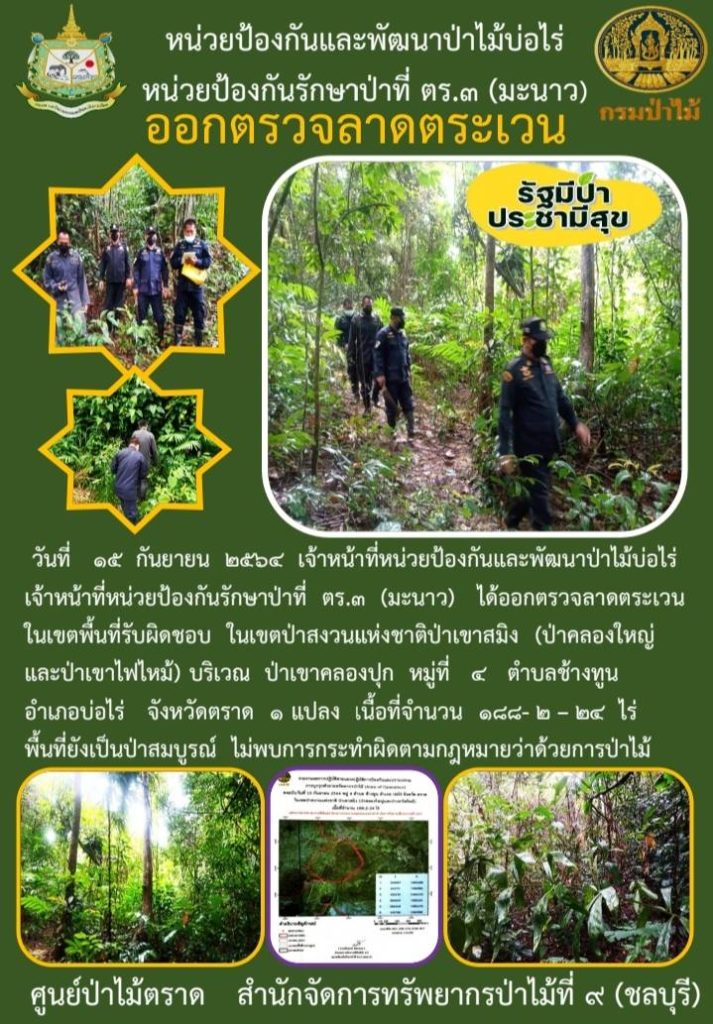 วันที่ 15 กันยายน 2564 เจ้าหน้าที่หน่วยป้องกันและพัฒนาป่าไม้บ่อไร่ เจ้าหน้าที่หน่วยป้องกันรักษาป่าที่ ตร.3 (มะนาว) ได้ออกตรวจลาดตระเวนในเขตพื้นที่รับผิดชอบ ในเขตป่าสงวนแห่งชาติป่าเขาสมิง (ป่าคลองใหญ่และป่าเขาไฟไหม้ บริเวณ ป่าเขาคลองปุก หมู่ที่ 4 ตำบลช้างทูน อำเภอบ่อไร่ จังหวัดตราด จำนวน 1 แปลง เนื้อที่ 188-2-24 ไร่ พื้นที่ยังคงสภาพเป็นป่าสมบูรณ์ ไม่พบการกระทำความผิดตามกฎหมายว่าด้วยการป่าไม้