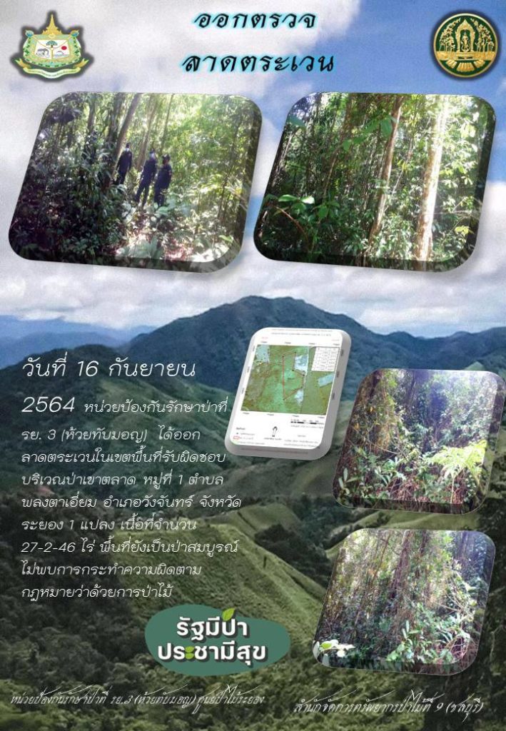 วันที่ 16 กันยายน 2564 หน่วยป้องกันรักษาป่าที่ รย.3 (ห้วยทับมอญ) ได้ออกลาดตระเวนในเขตพื้นที่รับผิดชอบ บริเวณป่าเขาตลาด หมู่ที่ 1 ตำบลพลงตาเอี่ยม อำเภอวังจันทร์ จังหวัดระยอง จำนวน 1 แปลง เนื้อที่ 27-2-46 ไร่ พื้นที่ยังคงสภาพเป็นป่าสมบูรณ์ ไม่พบการกระทำความผิดตามกฎหมายว่าด้วยการป่าไม้