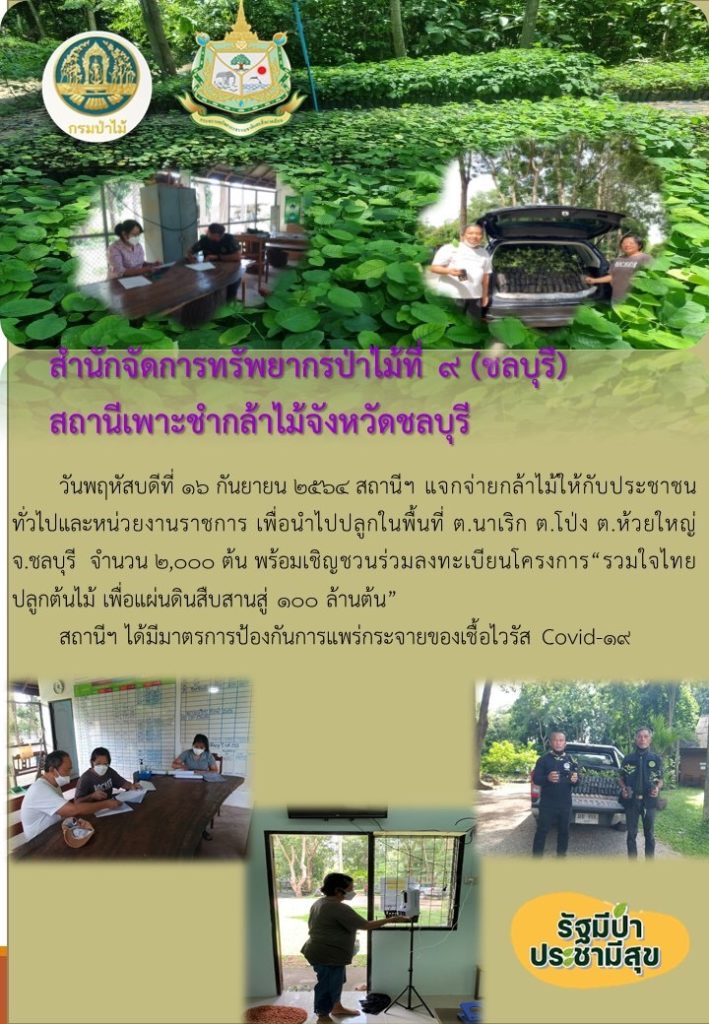วันที่ 16 กันยายน 2564 สถานีเพาะชำกล้าไม้จังหวัดชลบุรี ได้แจกกล้าไม้ให้กับประชาชนทั่วไป เพื่อนำไปปลูกในพื้นที่ ตำบลนาเริก ตำบลโป่ง และตำบลห้วยใหญ่ จังหวัดชลบุรี จำนวน 2,000 ต้น พร้อมทั้งได้เชิญชวนให้ลงทะเบียนโครงการ "รวมใจไทย ปลูกต้นไม้ เพื่อแผ่นดิน" สืบสานสู่ 100 ล้านต้น