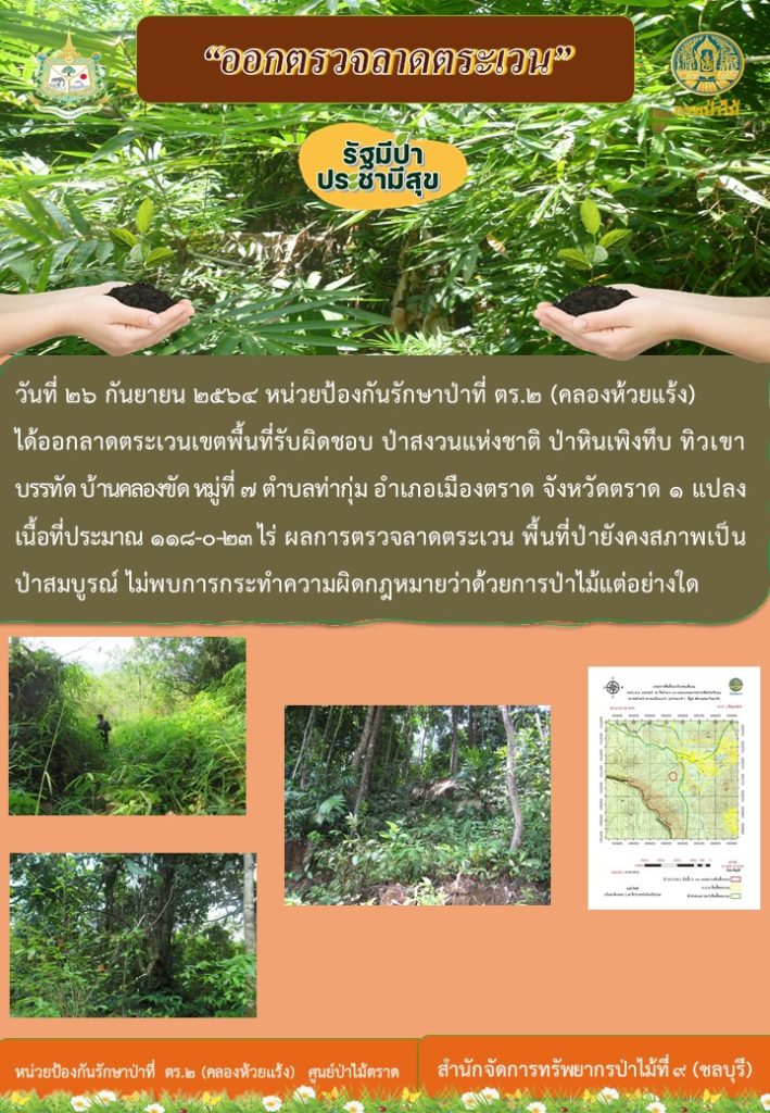 วันที่ 26 กันยายน 2564 หน่วยป้องกันรักษาป่าที่ ตร.2 (คลองห้วยแร้ง) ได้ออกลาดตระเวนเขตพื้นที่รับผิดชอบ ป่าสงวนแห่งชาติ ป่าหินเพิงทึบ ทิวเขาบรรทัด บ้านคลองขัด หมู่ที่ 7 ตำบลท่ากุ่ม อำเภอเมืองตราด จังหวัดตราด จำนวน 1 แปลง เนื้อที่ 118-0-23 ไร่ ผลการตรวจลาดตระเวน พื้นที่ยังคงสภาพเป็นป่าสมบูรณ์ ไม่พบการกระทำความผิดตามกฎหมายว่าด้วยการป่าไม้แต่อย่างใด