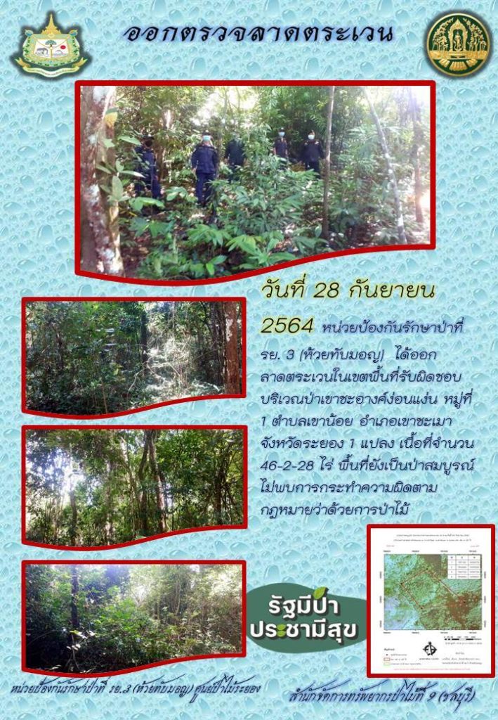 วันที่ 28 กันยายน 2564 หน่วยป้องกันรักษาป่าที่ รย.3 (ห้วยทับมอญ) ได้ออกลาดตระเวนในเจขตพื้นที่รับผิดชอบบริเวณป่าเขาชะอางค์ง่อนแง่น หมู่ที่ 1 ตำบลเขาน้อย อำเภอเขาชะเมา จังหวัดระยอง จำนวน 1 แปลง เนื้อที่ 46-2-28 ไร่ พื้นที่ยังคงสภาพเป็นป่าสมบูรณ์ ไม่พบการกระทำความผิดตามกฎหมายว่าด้วยการป่าไม้