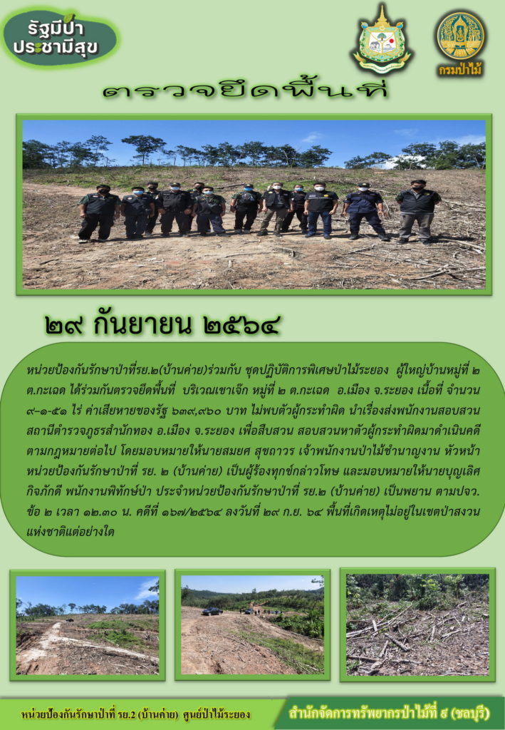 วันที่ 29 กันยายน 2564 หน่วยป้องกันรักษาป่าที่ รย.2 (บ้านค่าย) ร่วมกับชุดปฏิบัติการพิเศษป่าไม้ระยอง ผู้ใหญ่บ้านหมู่ที่ 2 ตำบลกะเฉด ได้ร่วมกันตรวจยึดพื้นที่ บริเวณเขาเจ๊ก หมู่ที่ 2 ตำบลกะเฉด อำเภอเมือง จังหวัดระยอง เนื้อที่ 9-1-51 ไร่ ค่าเสียหายของรัฐ 639,960 บาท ไม่พบตัวผู้กระทำผิด นำเรื่องส่งพนักงานสอบสวนสถานีตำรสจภูธรสำนักทอง อำเภอเมือง จังหวัดระยอง เพื่อสืบสวนสวบสวนหาตัวผู้กระทำผิดมาดำเนินคดีตามกฎหมายต่อไป โดยมอบหายให้นายสมยศ สุถาวร เจ้าพนักงานป่าไม้ชำนาญงาน หัวหน้าหน่วยป้องกันรักษาป่าที่ รย.2 (บ้านค่าย) เป็นผู้ร้องทุกข์กล่าวโทษ และมอบหมายให้นายบุญเลิศ กิจภักด พนักงานพืทักษ์ป่า ประจำหน่วยป้องกันรักษาป่าที่ รย.2 (บ้านค่าย) เป็นพยาน ตาม ปจว.ข้อ 2 เวลา 12.30 น. คดีที่ 167/2564 ลงวันที่ 28 กันยายน 2564 พื้นที่เกิดเหตุไม่อยู่ในเขตป่าสงวนแห่งชาติแต่อย่างใด