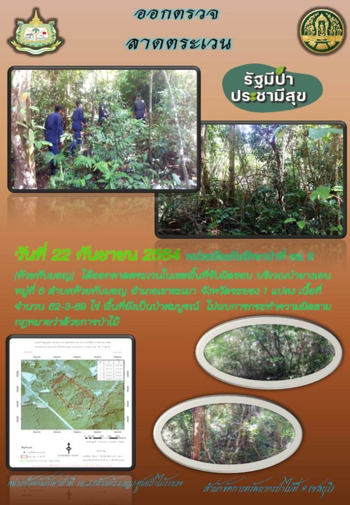 วันที่ 22 กันยายน 2564 หน่วยป้องกันรักษาป่าที่ รย.3 (ห้วยทับมอญ) ได้ออกลาดตระเวนในเขตพื้นที่รับผิดชอบ บริเวณป่ายางเอน หมู่ที่ 6 ตำบลห้วยทับมอญ อำเภอเขาชะเมา จังหวัดระยอง จำนวน 1 แปลง เนื้อที่ 62-3-69 ไร่ พื้นที่ยังคงสภาพเป็นป่าสมบูรณ์ ไม่พบการกระทำความผิดตามกฎหมายว่าด้วยการป่าไม้