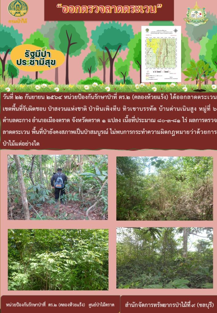 วันที่ 22 กันยายน 2564 หน่วยป้องกันรักษาป่าที่ ตร.2 (คลองห้วยแร้ง) ได้ออกลาดตระเวนเขตพื้นที่รับผิดชอบ ป่าสงวนแห่งชาติ ป่าหินเพิงทึบ ทิวเขาบรรทัด บ้านด่านเนินสูง หมู่ที่ 6 ตำบลตะกาง อำเภอเมืองตราด จังหวัดตราด จำนวน 1 แปลง เนื้อที่ 80-3-81 ไร่ ผลการตรวจลาดตระเวน พื้นที่ยังคงสภาพเป็นป่าสมบูรณ์ ไม่พบการกระทำความผิดตามกฎหมายว่าด้วยการป่าไม้แต่อย่างใด