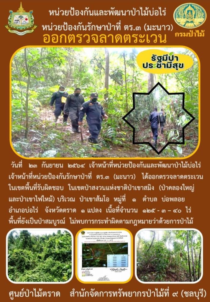 วันที่ 23 กันยายน 2564 เจ้าหน้าที่หน่วยป้องกันและพัฒนาป่าไม้บ่อไร่ เจ้าหน้าที่ปน่วยป้องกันรักษาป่าที่ ตร.3 (มะนาว) ได้ออกตรวจลาดตระเวนในเขตพื้นที่รับผิดชอบ ในเขตป่าสงวนแห่งชาติป่าเขาสมิง (ป่าคลองใหญ่และป่าเขาไฟไหม้) บริเวณป่าเขาส้มโอ หมู่ที่ 1 ตำบลบ่อพลอย อำเภอบ่อไร่ จังหวัดตราด จำนวน 1 แปลง เนื้อที่ 125-3-40 ไร่ พื้นที่ยังคงสภาพเป็นป่าสมบูรณ์ ไม่พบการกระทำความผิดตามกฎหมายว่าด้วยการป่าไม้