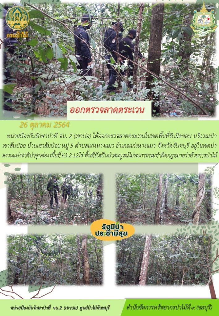 วันที่ 26 ตุลาคม 2564 หน่วยป้องกันรักษาป่าที่ จบ.2 (เขาปอ) ได้ออกตรวจลาดตระเวนในเขตพื้นที่รับผิดชอบ บริเวณป่าเขาส้มป่อย บ้านเขาส้มป่อย หมู่ที่ 5 ตำบลแก่งหางแมว อำเภอแก่งหางแมว จังหวัดจันทบุรี อยู่ในเขตป่าสงวสนแห่งชาติป่าขุนช่อง เนื้อที่ 63-2-12 ไร่ พื้นที่ยังเป็นป่าสมบุรณ์ ไม่พบการกระทำผิดกฎหมายว่าด้วยการป่าไม้