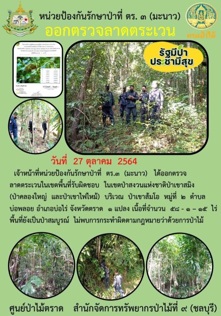 วันที่ 27 ตุลาคม 2564 เจ้าหน้าที่หน่วยป้องกันรักษาป่าที่ ตร.3 (มะนาว) ได้ออกตรวจลาดตระเวนในเขตพื้นที่รับผิดชอบ ในเขตป่าสงวนแห่งชาติป่าเขาสมิง (ป่าคลองใหญ่และป่าเขาไฟไหม้) บริเวณป่าเขาส้มโอ หมู่ที่ 2 ตำบลบ่อพลอย อำเภอบ่อไร่ จังหวัดตราด จำนวน 1 แปลง เนื้อที่ 58-1-15 ไร่ พื้นที่ยังคงเป็นป่าสมบูรณ์ ไม่พบการกระทำผิดกฎหมายว่าด้วยการป่าไม้