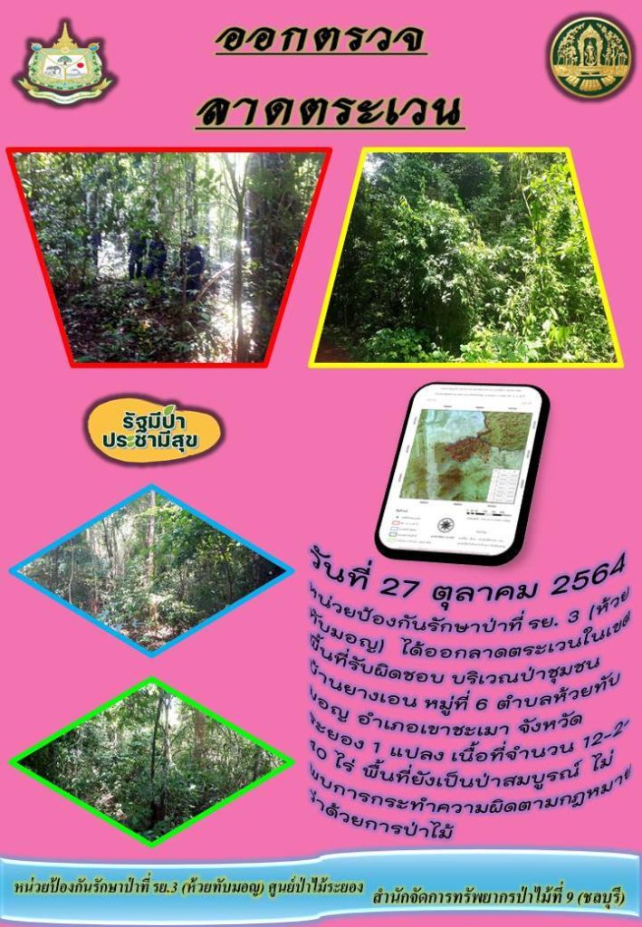 วันที่ 27 ตุลาคม 2564 หน่วยป้องกันรักษาป่าที่ รย.3 (ห้วยทับมอญ) ได้ออกลาดตระเวนในเขตพื้นที่รับผิดชอบ บริเวณป่าชุมชนบ้านยางเอน หมู่ที่ 6 ตำบลห้วยทับมอญ อำเภอเขาชะเมา จังหวัดระยอง จำนวน 1 แปลง เนื้อที่ 12-2-10 ไร่ พื้นที่ยังเป็นป่าสมบูรณ์ ไม่พบการกระทำความผิดกฎหมายว่าด้วยการป่าไม้