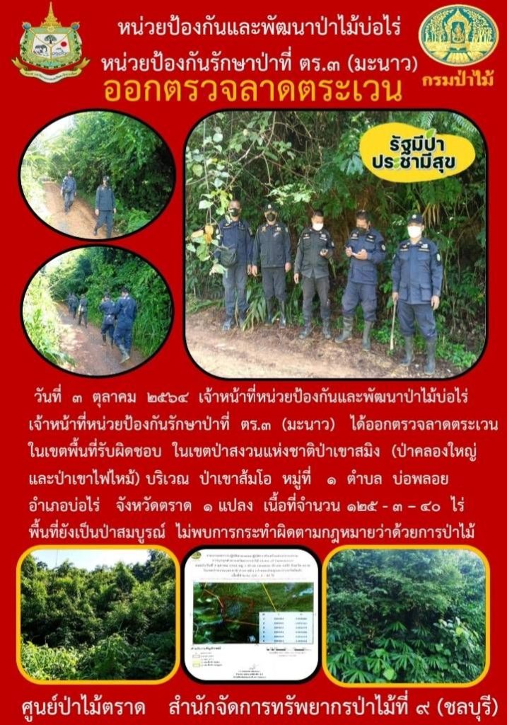 วันที่ 3 ตุลาคม 2564 เจ้าหน้าที่หน่วยป้องกันและพัฒนาป่าไม้่อไร่ เจ้าหน้าที่หน่วยป้องกันรักษาป่าที่ ตร.3 (มะนาว) ได้ออกตรวจลาดตระเวนในเขตพื้นที่รับผิดชอบ ในเขตป่าสงวนแห่งชาติป่าเขาสมิง (ป่าคลองใหญ่และป่าเขาไฟไหม้) บริเวณป่าเขาส้มโอ หมู่ที่ 1 ตำบลบ่อพลอย อำเภอบ่อไร่ จังหวัดตราด จำนวน 1 แปลง เนื้อที่ 125-3-40 ไร่ พื้นที่ยังคงสภาพเป็นป่าสมบูรณ์ ไม่พบการกระทำผิดกฎหมายว่าด้วยป่าไม้