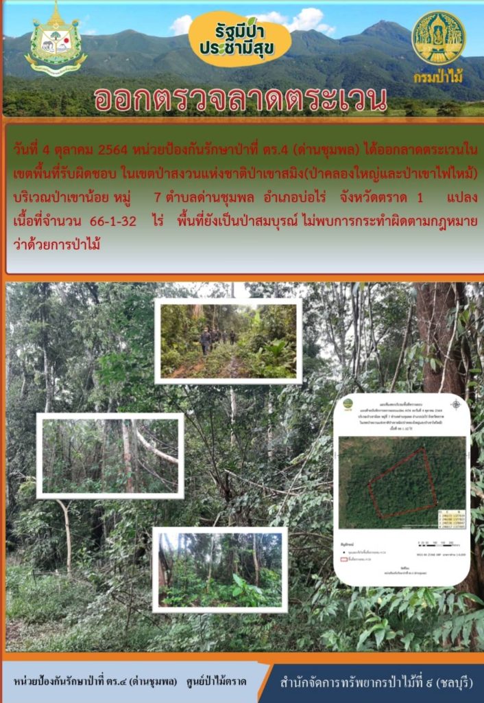 วันที่ 4 ตุลาคม 2564 หน่วยป้องกันรักษาป่าที่ ตร.4 (ด่านชุมพล) ได้ออกลาดตระวเนในเขตพื้นที่รับผิดชอบ ในเขตป่าสงวนแห่งชติป่าเขาสมิง (ป่าคลองใหญ่และป่าเขาไฟไหม้) บริเวณป่าเขาน้อย หมู่ที่ 7 ตำบลด่านชุมพล อำเภอบ่อไร่ จังหวัดตราด จำนวน 1 แปลง เนื้อที่ 66-1-32 ไร่ พื้นที่ยังคงสภาพเป็นป่าสมบูรณ์ ไม่พบการกระทำผิดกฎหมายว่าด้วยป่าไม้