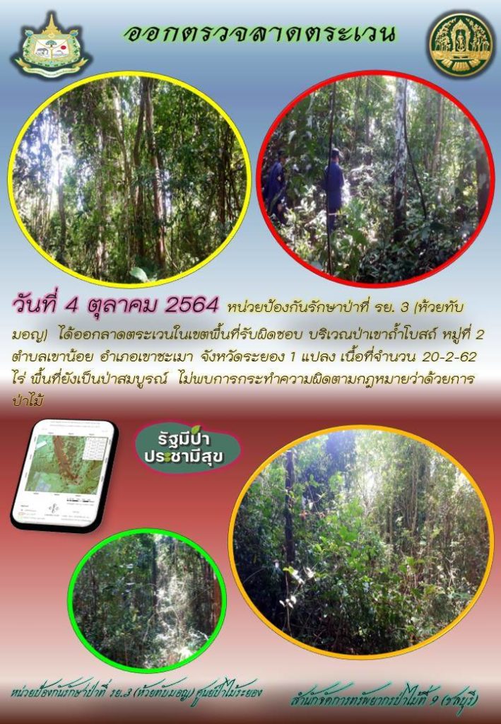 วันที่ 4 ตุลาคม 2564 หน่วยป้องกันรักษาป่าที่ รย.3 (ก้วยทับมอญ) ได้ออกลาดตระเวนในเขตพื้นที่รับผิดชอบ บริเวณป่าเขาถ้ำโบสถ์ หมู่ที่ 2 ตำบลเขาน้อย อำเภอเขาชะเมา จังหวัดระยอง จำนวน 1 แปลง เนื้อที่ 20-2-62 ไร่ พื้นที่ยังคงสภาพเป็นป่าสมบูรณ์ ไม่พบการกระทำผิดกฎหมายว่าด้วยป่าไม้