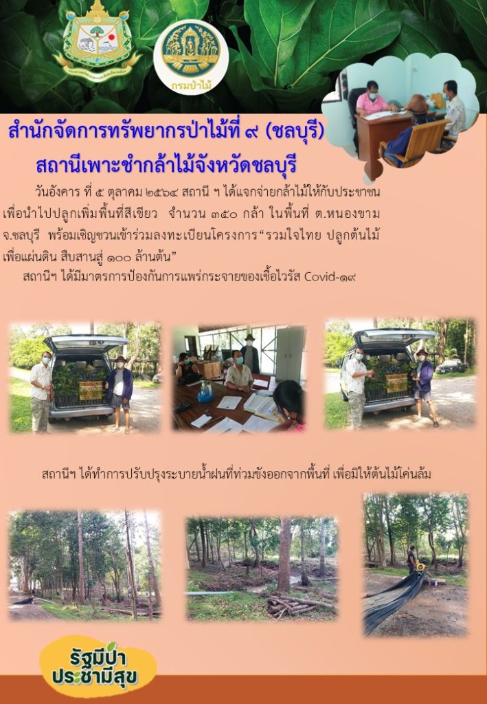 วันที่ 5 ตุลาคม 2564 สถานีเพาะชำกล้าไม้ขจังหวัดชลบุรี ได้แจกจ่ายกล้าไม้ให้กับประชาชน เพื่อนำไปปลูกเพิ่มพื้นที่สีเขียว จำนวน 350 กล้า ในพื้นที่ตำบลหนองขาม จังหวัดชลบุรี พร้อมเชิญชวนลงทะเบียนเข้าร่วมโครงการ "รวมใจไทยปลูกต้นไม้เพื่อแผ่นดิน" สืบสานสู่ 100 ล้านต้น ทั้งนี้สถานีฯ ได้มีมาตรการป้องกันการแพร่กระจายของเชื้อไวรัส (Covid-19)