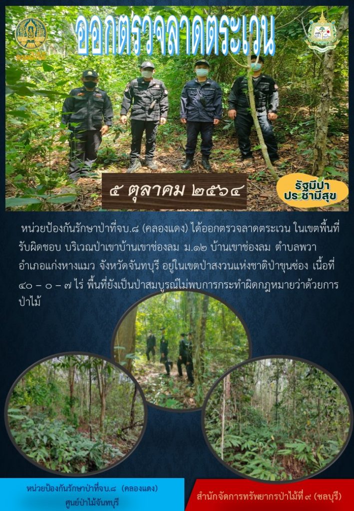 วันที่ 5 ตุลาคม 2564 หน่วยป้องกันรักษาป่าที่ จบ.8 (คลองแดง) ได้ออกตรวจลาดตระเวนในเขตพื้นที่รับผิดชอล บริเวณป่าเขาบ้านเขาช่องลม หมู่ที่ 12 บ้านเขาช่องลม ตำบลพวา อำเภอแก่งหางแมว จังหวัดจันทบุรี อยู่ในเขตป่าสงวนแห่งชาติป่าขุนซ่อง เนื้อที่ 40-0-7 ไร่ พื้นที่ยังคงสภาพเป็นป่าสมบูรณ์ ไม่พบการกระทำผิดกฎหมายว่าด้วยป่าไม้