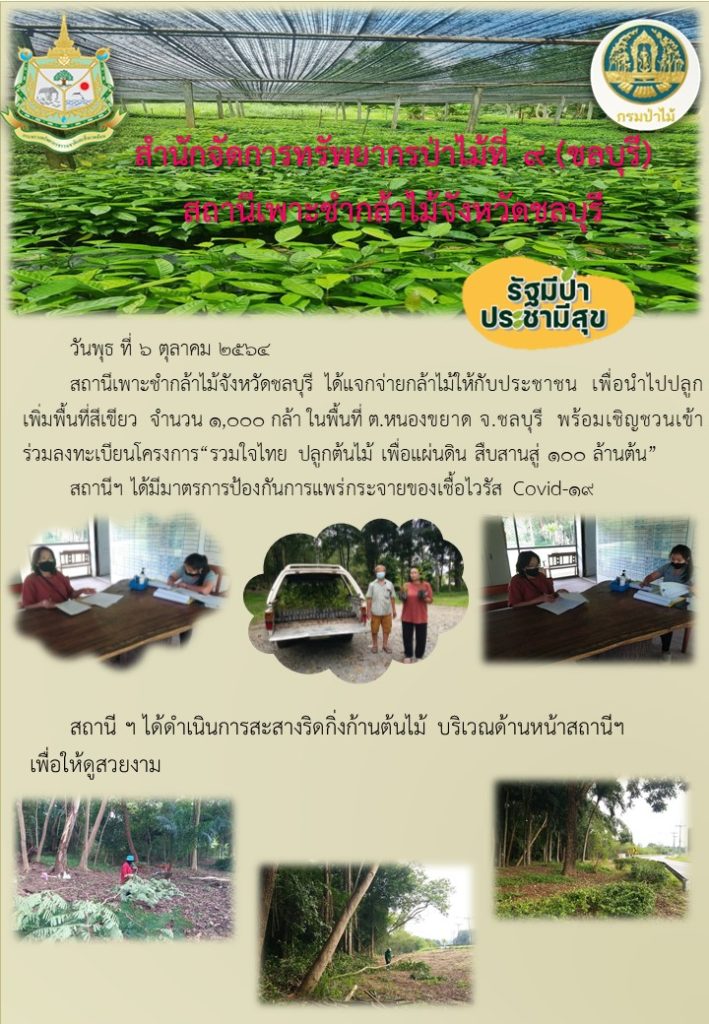 วันที่ 6 ตุลาคม 2564 สถานีเพาะชำกล้าไม้จังหวัดชลบุรี ได้แจกจ่ายกล้าไม้ให้กับประชาชน นำไปปลูกเพื่อเพิ่มพื้นที่สีเขียว จำนวน 1,000 กล้า ในพื้นที่ตำบลหนองขยาด จังหวัดชลบุรี พร้อมทั้งเชิญชวนลงทะเบียนโครงการ "รวมใจไทย ปลูกต้นไม้ เพื่อแผ่นดิน" สืบสานสู่ 100 ล้านต้น ทั้งนี้สถานีฯ ได้มีมาตรการป้องกันการแพร่ระบาดของเชื้อไวรัส Covid-19