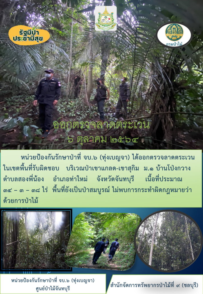 วันที่ 6 ตุลาคม 2564 หน่วยป้องกันรักษาป่าที่ จบ.6 (ทุ่างเบญจา) ได้ออกตรวจลาดตระเวนในเขตพื้นที่รับผิดชอบ บริเวณป่าเขาแกลด-เขาสุกิม หมู่ที่ 1 บ้านโป่งกวาง ตำบลสองพี่น้อง อำเภอท่าใหม่ จังหวัดจันทบุรี เนื้อที่ 34-3-38 ไร่ พื้นที่ป่ายังคงสภาพเป็นป่าสมบูรณ์ ไม่พบการกระทำความผิดกฎหมายว่าด้วยป่าไม้