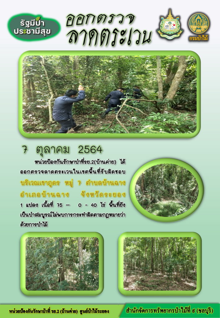 วันที่ 7 ตุลาคม 2564 หน่วยป้องกันรักษาป่าที่ รย.2 (บ้านค่าย) ได้ออกตรวจลาดตระเวนในเขตพื้นที่รับผิดชอบ บริเวณเขาภูดร หมู่ที่ 7 ตำบลบ้านฉาง อำเภอบ้านฉาง จังหวัดระยอง จำนวน 1 แปลง เนื้อที่ 75-0-40 ไร่ พื้นที่ป่ายังคงสภาพเป็นป่าสมบูรณ์ ไม่พบการกระทำความผิดกฎหมายว่าด้วยการป่าไม้
