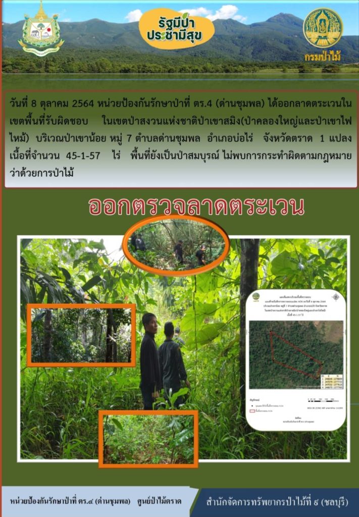 วันที่ 8 ตุลาคม 2564 หน่วยป้องกันรักษาป่าที่ ตร.4 (ด่านชุมพล) ได้ออกลาดตระเวนในเขตพื้นที่รับผิดชอบ ในเขตป่าสงวนแห่งชาติป่าเขาสมิง (ป่าคลองใหญ่และป่าเข้าไฟไหม้) บริเวณป่าเขาน้อย หมู่ที่า 7 ตำบลด่านชุมพล อำเภอบ่อไร่ จังหวัดตราด จำนวน 1 แปลง เนื้อที่ 45-1-57 ไร่ พื้นที่ป่ายังคงสภาพเป็นป่าสมบูรณ์ ไม่พบการกระทำความผิดกฎหมายว่าด้วยการป่าไม้