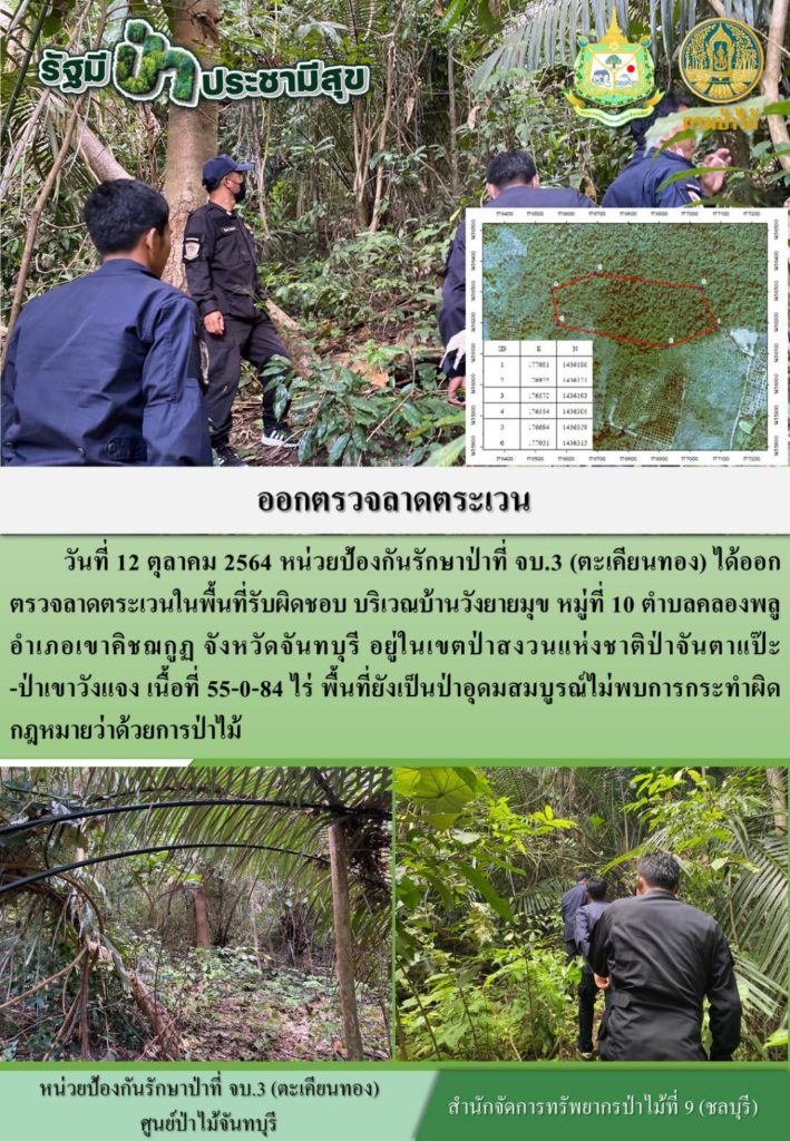 วันที่ 12 ตุลาคม 2564 หน่วยป้องกันรักษาป่าที่ จบ.3 (ตะเคียนทอง) ได้ออกตรวจลาดตระเวนในพื้นที่รับผิดชอบ บริเวณบ้านวังยายมุข หมู่ที่ 10 ตำบลคลองพลู อำเภอเขาคิชฌกูฏ จังหวัดจันทบุรี อยู่ในเขตป่าสงวนแห่งชาติป่าจันตาแป๊ะ-ป่าเขาวังแจง เนื้อที่ 55-0-84 ไร่ พื้นที่ยังคงสภาพเป็นป่าสมบูรณ์ ไม่พบการกระทำความผิดกฎหมายว่าด้วยการป่าไม้