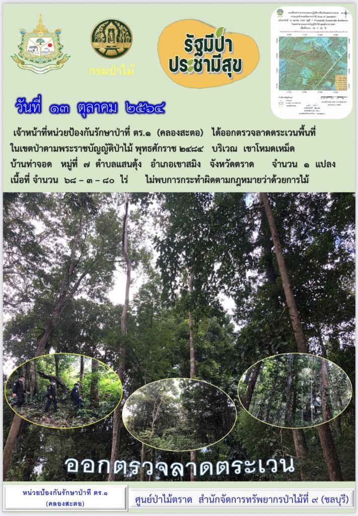 วันที่ 13 ตุลาคม 2564 เจ้าหน้าที่หน่วยป้องกันรักษาป่าที่ ตร.1 (คลองสะตอ) ได้ออกรวจลาดตระเวนพื้นที่ในเขตป่าตามพระราชบัญญัติป่าไม้ พุทธศักราช 2484 บริเวณเขาโหมดเหม็ด บ้านท่าจอด หมู่ที่ 7 ตำบลแสนตุ้ง อำเภอเขาสมิง จังหวัดตราด จำนวน 1 แปลง เนื้อที่ 68-3-80 ไร่ ไม่พบการกระทำความผิดกฎหมายว่าด้วยการป่าไม้