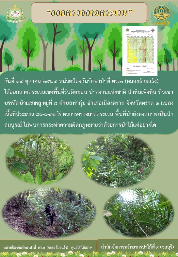 วันที่ 14 ตุลาคม 2564 หน่วยป้องกันรักษาป่าที่ ตร.2 (คลองห้วยแร้ง) ได้ออกลาดตระเวนเขตพื้นที่รับผิดชอบ ป่าสงวนแห่งชาติ ป่าหินเพิงทึบ ทิวเขาบรรทัด บ้านเขาพลู หมู่ที่ 8 ตำบลท่ากุ่ม อำเภอเมืองตราด จังหวัดตราด จำนวน 1 แปลง เนื้อที่ 80-0-31 ไร่ ผลการตรวจลาดตระเวน พื้นที่ป่ายังคงสภาพเป็นป่าสมบูรณ์ ไม่พบการกระทำความผิดกฎหมายว่าด้วยการป่าไม้แต่อย่างใด