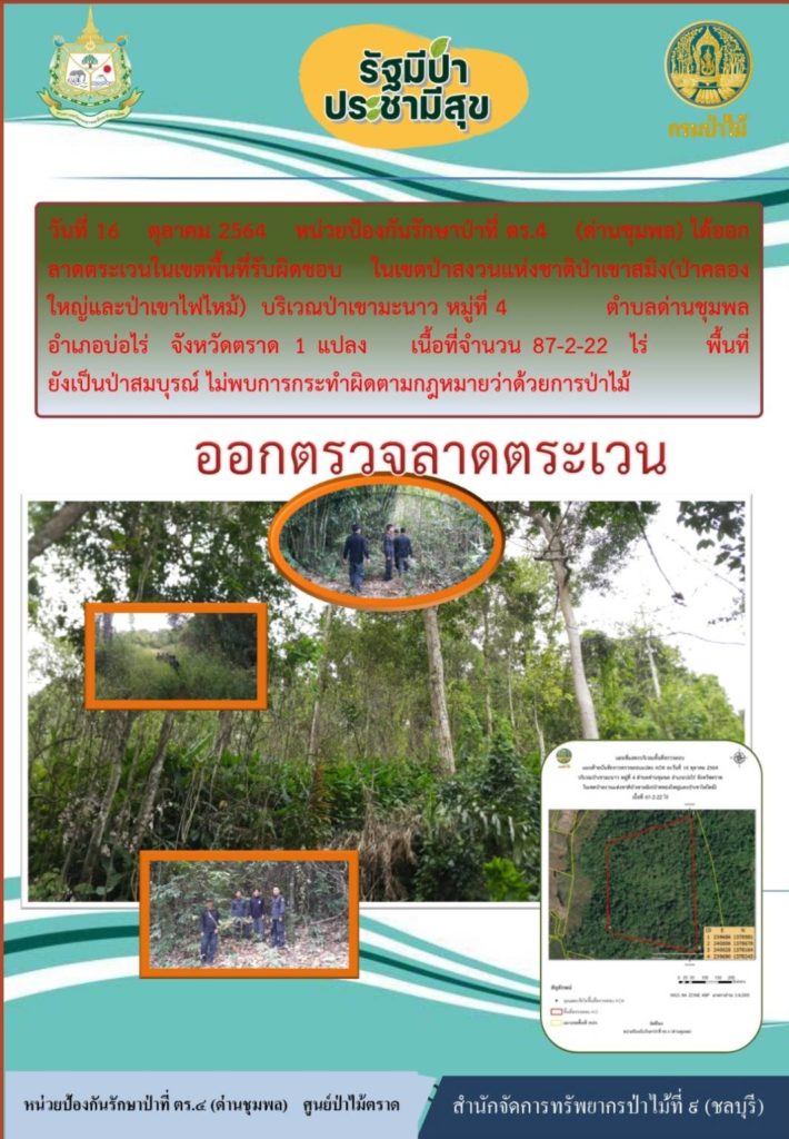 วันที่ 16 ตุลาคม 2564 หน่วยป้องกันรักษาป่าที่ ตร.4 (ด่านชุมพล) ได้ออกลาดตระเวนในเขตพื้นที่รับผิดชอบ ในเขตป่าสงวนแห่งชาติป่าเขาสมิง (ป่าคลองใหญ่และป่าเขาไฟไหม้) บริเวณป่าเขามะนาว หมู่ที่ 7 ตำบลด่านชุมพล อำเภอบ่อไร่ จังหวัดตราด จำนวน 1 แปลง เนื้อที่ 87-2-22 ไร่ พื้นที่ยังเป็นป่าสมบูรณ์ ไม่พบการกระทำผิดกฎหมายว่าด้วยการป่าไม้