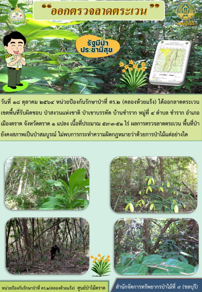 วันที่ 18 ตุลาคม 2564 หน่วยป้องกันรักษาป่าที่ ตร.2 (คลองห้วยแร้ง) ได้ออกลาดตระเวนเขตพื้นที่รับผิดชอบ ป่าสงวนแห่งชาติป่าเขาบรรทัด บ้านชำราก หมู่ที่ 4 ตำบลชำราก อำเภอเมืองตราด จังหวัดตราด จำนวน 1 แปง เนื้อที่ 59-3-51 ไร่ ผลการตรวจลาดตระเวน พื้นที่ป่ายังคงสภาพเป็นป่าสมบูร์ ไม่พบการกระทำความผิดกฎหมายว่าด้วยการป่าไม้แต่อย่างใด