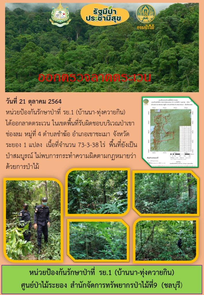 วันที่ 21 ตุลาคม 2564 หน่วยป้องกันรักษาป่าที่ รย.1 (บ้านนา-ทุ่งควายกิน) ได้ออกลาดตระเวนในเขตพื้นที่รับผิดชอบบริเวณป่าเขาช่องลม หมู่ที่ 4 ตำบลชำฆ้อ อำเภอเขาชะเมา จังหวัดระยอง จำนวน 1 แปลง เนื้อที่ 73-3-38 ไร่ พื้นที่ยังเป็นป่าสมบูรณ์ ไม่พบการกระทำผิดกฎหมายว่าด้วยการป่าไม้