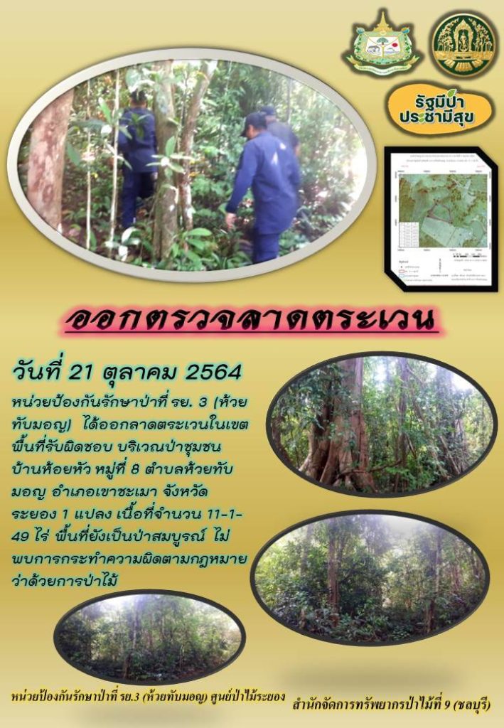 วันที่ 21 ตุลาคม 2564 หน่วยป้องกันรักษาป่าที่ รย.3 (ห้วยทับมอญ) ได้ออกลาดตระเวนในเขตพื้นที่รับผิดชอบ บริเวณป่าชุมชนบ้านห้วยหัว หมู่ที่ 8 ตำบลห้วยทับมอญ อำเภอเขาชะเมา จังหวัดระยอง จำนวน 1 แปลง เนื้อที่ 11-1-49 ไร่ พื้นที่ยังเป็นป่าสมบูรณ์ ไม่พบการกระทำผิดกฎหมายว่าด้วยการป่าไม้
