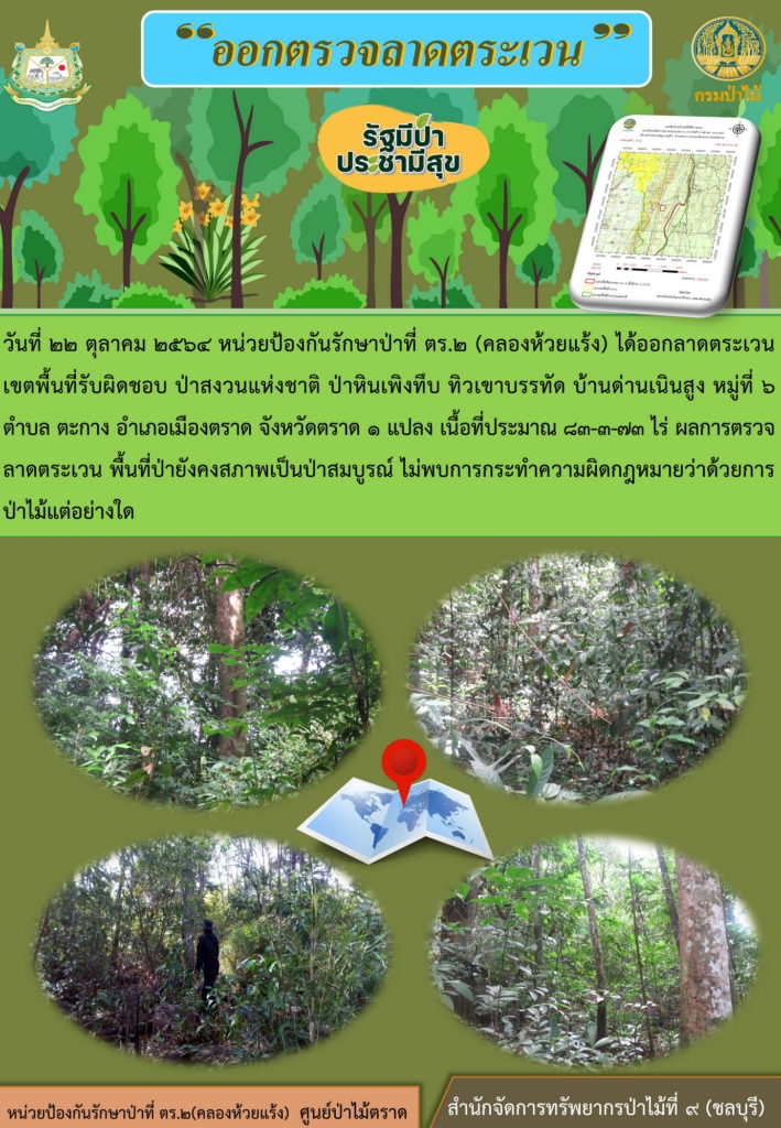 วันที่ 22 ตุลาคม 25964 หน่วยป้องกันรักษาป่าที่ ตร.2 (คลองห้วยแร้ง) ได้ออกลาดตระเวนเขตพื้นที่รับผิดชอบ ป่าสงวนแห่งชาติป่าหินเพิงทึบ ทิวเขาบรรทัด บ้านด่านเนินสูง หมู่ที่ 6 ตำบลตะกาง อำเภอเมืองตราด จังหวัดตราด จำนวน 1 แปลง เนื้อที่ 83-3-73 ไร่ ผลการตรวจลาดตระเวน พื้นที่ป่ายังคงสภาพเป็นป่าสมบูรณ์ ไม่พบการกระทำความผิดกฎหมายว่าด้วยการป่าไม้แต่อย่างใด