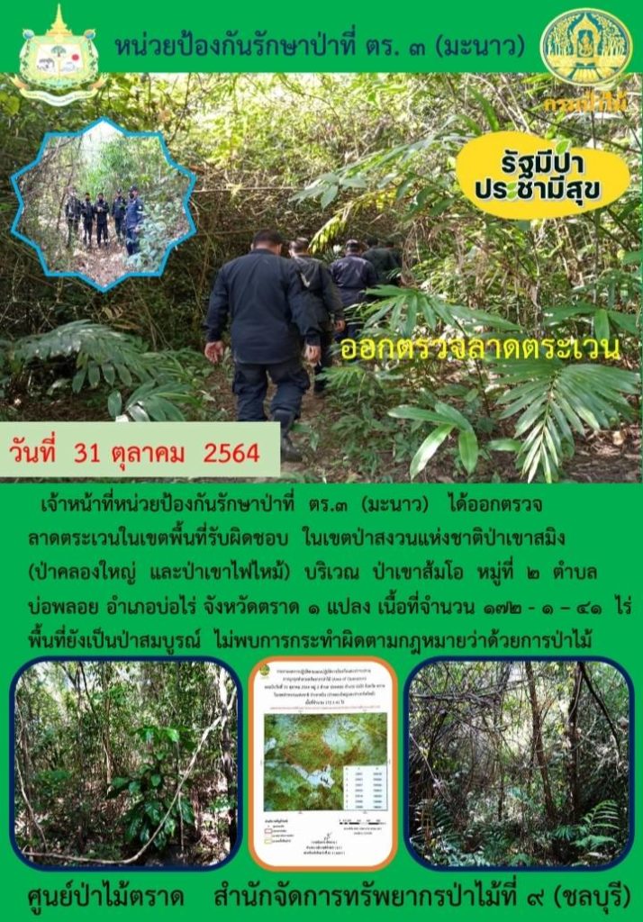 วันที่ 31 ตุลาคม 25964 เจ้าหน้าที่หน่วยป้องกันรักษาป่าที่ ตร.3 (มะนาว) ได้ออกตรวจลาดตระเวนในเขตพื้นที่รับผิดชอบ ในเขตป่าสงวนแห่งชาติป่าเขาสมิง (ป่าคลองใหญ่และป่าเขาไฟไหม้) บริเวณป่าเขาส้มโอ หมู่ที่ 2 ตำบลบ่อพลอย อำเภอบ่อไร่ จังหวัดตราด จำนวน 1 แปลง เนื้อที่ 172-1-41 ไร่ พื้นที่ยังเป็นป่าสมบูรณ์ ไม่พบการกระทำผิดกฎหมายว่าด้วยการป่าไม้