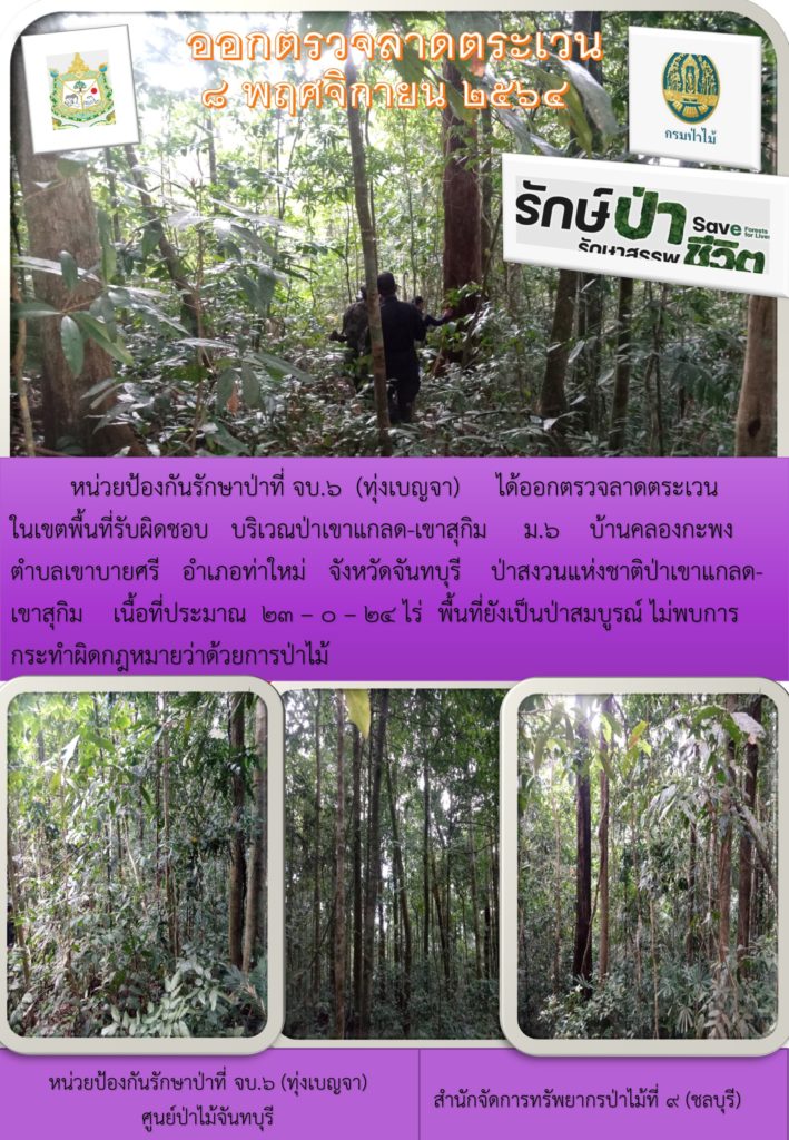 วันที่ 8 พฤศจิกายน 2564 หน่วยป้องกันรักษาป่าที่ จบ.6 (ทุ่งเบญจา) ได้ออกตรวจลาดตะเวนในเขตพื้นที่รับผิดชอบ บริเวณป่าเขาแกลด-เขาสุกิม) หมู่ที่ 6 ตำบลเขาบายศรี อำเภอท่าใหม่ จังหวัดจันทบุรี ป่าสงวนแห่งชาติป่าเขาแกลด-เขาสุกิม เนื้อที่ประมาณ 23-0-24 ไร่ พื้นที่ยังเป็นป่าสมบูรณ์ ไม่พบการกระทำผิดกฎหมายว่าด้วยการป่าไม้