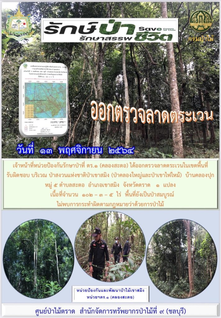 วันที่ 13 พฤศจิกายน 2564 เจ้าหน้าที่หน่วยป้องกันรักษาป่าที่ ตร.1 (คลองสะตอ) ได้ออกตรวจลาดตระเวนในเขตพื้นที่รับผิดชอบ บริเวณป่าสงวนแห่งชาติป่าเขาสมิง (ป่าคลองใหญ่และป่าเขาไฟไหม้) บ้านคลองปุกหมู่ที่ 5 ตำบลสะตอ อำเภอเขาสมิง จังหวัดตราด จำนวน 1 แปลง เนื้อที่ 102-3-5 ไร่ พื้นที่ยังเป็นป่าสมบูรณ์ ไม่พบการกระทำผิดตามกฎหมายว่าด้วยการป่าไม้