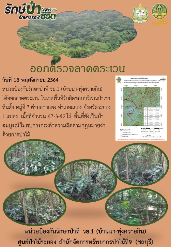 วันที่ 18 พฤศจิกายน 2564 หน่วยป้องกันรักษาป่าที่ รย.1 (บ้านนา-ทุ่งควายกิน) ได้ออกลาดตระเวนในเขตพื้นที่รับผิดชอบ บริเวณป่าเขาหินตั้ง หมู่ที่ 7 ตำบลชากพง อำเภอแกลง จังหวัดระยอง จำนวน 1 แปลง เนื้อที่ 47-3-42 ไร่ พื้นที่ยังเป็นป่าสมบูรณ์ ไม่พบการกระทำความผิดตามกฎหมายว่าด้วยการป่าไม้