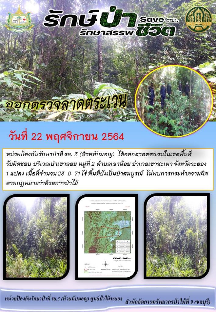 วันที่ 22 พฤศจิกายน 2564 หน่วยป้องกันรักษาป่าที่ รย.3 (ห้วยทับมอญ) ได้ออกลาดตระเวนในเขตพื้นที่รับผิดชออบ บริเวณป่าเขาลอย หมู่ที่ 2 ตำบลเขาน้อย อำเภอเขาชะเมา จังหวัดระยอง จำนวน 1 แปลง เนื้อที่ 23-0-71 ไร่ พื้นที่ยังเป็นป่าสมบูรณ์ ไม่พบการกระทำความผิดตามกฎหมายว่าด้วยการป่าไม้