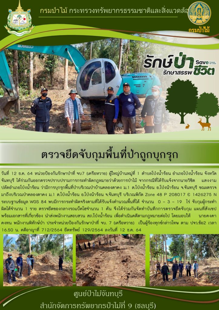 วันที่ 12 ธันวาคม 2564 หน่วยป้องกันรักษาป่าที่ จบ.7 (เครือหวาย) ผู้ใหญ่บ้านหมู่ที่ 1 ตำบลโป่งน้ำร้อน อำเภอโป่งน้ำร้อน จังหวัดจันทบุรี ได้ร่วมกันออกตรวจปราบปรามการกระทำผิดกฎหมายว่าด้วยการป่าไม้ จากกรณีที่ได้รับแจ้งจากนายวิชิต แสงงาม ปลัดอำเภอโป่งน้ำร้อน ว่ามีการบุกรุกพื้นที่ป่าบริเวณป่าบ้านคองตาคง หมู่ที่ 1 ตำบลโป่งน้ำร้อน จังหวัดจันทุบรี ขณะตรวจมาถึงบริเวณป่าคลองตาคง หมู่ที่ 1 ตำบลโป่งน้ำร้อน จังหวัดจันทุบรี บริเวณพิกัด Zone 48 P 208017 E 1426275 N ระบบฐานข้อมูล WGS 84 พบมีการกระทำผิดจริงตามที่ได้รับแจ้งคำนวณพื้นที่ได้ 0-3-19 ไร่ จับกุมผู้กระทำผิดได้ จำนวน 1 ราย ตรวจยึดของกลางรถแบ็คโฮ จำนวน 1 คัน จึงได้ร่วมกันจัดทำบันทึกการตรวจยึดจับกุม แผนที่สังเขปพร้อมเอกสารที่เกี่ยวข้อง นำส่งพนักงานสอบสวน สภ.โป่งน้ำร้อน เพื่อดำเนินคดีตามกฎหมายต่อไป โดยมอบให้ นายคงคา คงทน พนักงานพิทักษ์ป่า ประจำหน่วยป้องกันรักษาป่าที่ จบ.7 (เครือหวาย) เป็นผู้ร้องทุกข์กล่าวโทษ ตาม ปจว.ข้อ 2 เวลา 16.50 น. คดีอาญาที่ 712/2564 ยึดทรัพย์ 129/2564 ลงวันที่ 12 ธันวาคม 2564