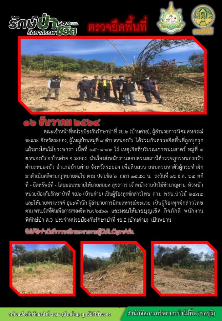 วันที่ 16 ธันวาคม 2564 คณะเจ้าหน้าที่หน่วยป้องกันรักษาป่าที่ รย.2 (บ้านค่าย) ผู้อำนวยการนิคมสหกรณ์ชะแวะ จังหวัดระยอง ผู้ใหญ่บ้านหมู่ที่ 9 ตำบลหนองบัว ได้ร่วมกันตรวจยึดพื้นที่ถูกบุกรุกแผ้วถางโค่นไม้ยางพารา เนื้อที่ 15-1-93 ไร่ เหตุเกิดที่บริเวณเขาพนมสาตร์ หมู่ที่ 9 ตำบลหนองบัว อำเภอบ้านค่าย จังหวัดระยอง นำเรื่องส่งพนักงานสอบสวนสถานีตำรวจภูธรหนองกรับ ตำบลหนองบัว อำเภอบ้านค่าย จังหวัดระยอง เพื่อสืบสวนสอบสวนหาตัวผู้กระทำผิดมาดำเนินคดีตามกฎหมายต่อไป ตาม ปจว.ข้อ 2 เวลา 14.50 น. ลงวันที่ 16 ธันวาคม 2564 คดีที่ - ยึดทรัพย์ที่ - โดยมอบหมายให้นายสมยศ สุขถาวร เจ้าพนักงานป่าไม้ชำนาญงาน หัวหน้าหน่วบยป้องกันรักษาป่าที่ รย.2 (บ้านค่าย) เป็นผู้ร้องทุกข์กล่าวโทษ ตาม พรบ.ป่าไม้ 2484 และให้นายทรงสรรค์ อุนะพำนัก ผู้อำนวยการนิคมสหกรณ์ชะแวะ เป็นผู้ร้องทุกข์กล่าวโทษตาม พรบ.จัดที่ดินเพื่อการครองชีพ พ.ศ. 2511 และมอบหมายให้นายบุญเลิศ กิจภักดี พนักงานพิทักษ์ป่า ส.3 ประจำหน่วยป้องกันรักษาป่าที่ รย.2 (บ้านค่าย) เป็นพยาน