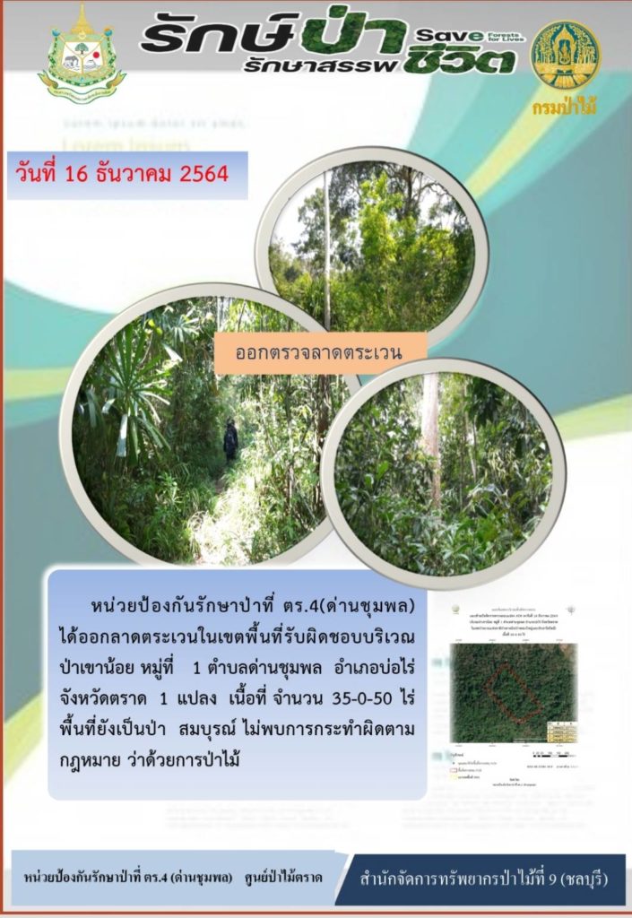 วันที่ 16 ธันวาคม 2564 หน่วยป้องกันรักษาป่าที่ ตร.4 (ด่านชุมพล) ได้ออกลาดตระเวนในเขตพื้นที่รับผิดชอบ บริเวณป่าเขาน้อย หมู่ที่ 1 ตำบลด่านชุมพล อำเภอบ่อไร่ จังหวัดตราด จำนวน 1 แปลง เนื้อที่ 35-0-50 ไร่ พื้นที่ยังเป็นป่าสมสบูรณ์ ไม่พบการกระทำผิดตามกฎหมายว่าด้วยการป่าไม้