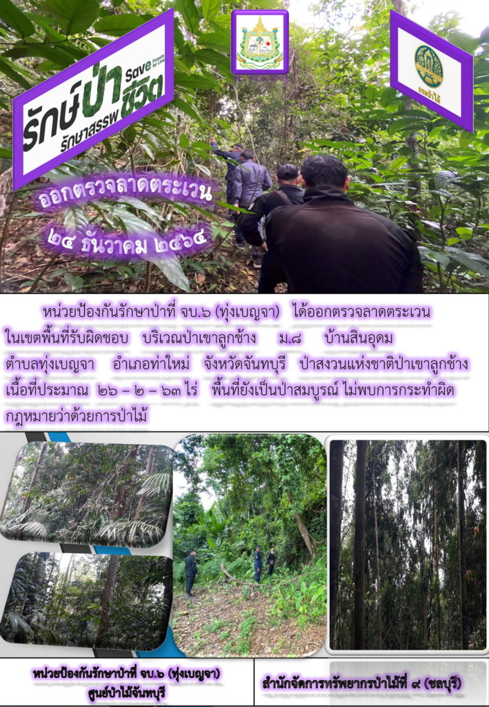 วันที่ 24 ธันวาคม 2564 หน่วยป้องกันรักษาป่าที่ จบ.6 (ทุ่งเบญจา) ได้ออกตรวจลาดตระเวนในเขตพื้นที่รับผิดชอบ บริเวณป่าเขาลูกช้าง หมู่ที่ 8 บ้านสินอุดม ตำบลทุ่งเบญจา อำเภอท่าใหม่ จำงหวัดจันทบุรี ป่าสงวนแห่งชาติป่าเขาลูกช้าง เนื้อที่ประมาณ 26-2-63 ไร่ พื้นที่ยังเป็นป่าสมบูรณ์ ไม่พบการกระทำผิดกฎหมายว่าด้วยการป่าไม้