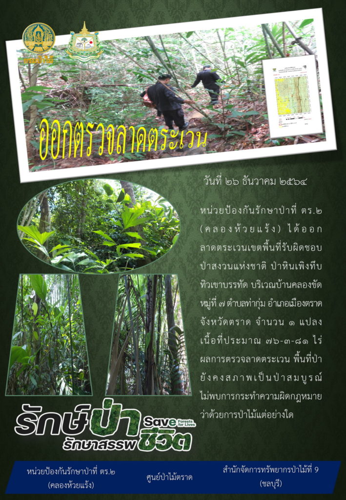 วันที่ 26 ธันวาคม 2564 หน่วยป้องกันรักษาป่าที่ ตร.2 (คลองห้วยแร้ง) ได้ออกลาดตระเวนเขตพื้นที่รับผิดชอบ บริเวณป่าสงวนแห่งชาติป่าหินเพิงทึบ ทิวเขาบรรทัด บริเวณบ้านคลองขัด หมู่ที่ 7 ตำบลท่ากุ่ม อำเภอเมืองตราด จังหวัดตราด จำนวน 1 แปลง เนื้อที่ประมาณ 76-3-81 ไร่ ผลการตรวจลาดตระเวน พื้นที่ป่ายังคงสภาพเป็นป่าสมบูรณ์ ไม่พบการกระทำความผิดตามกฎหมายว่าด้วยการป่าไม้แต่อย่างใด