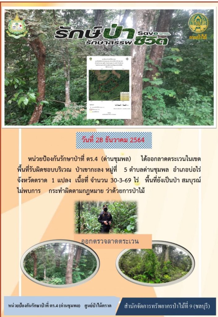 วันที่ 28 ธันวาคม 2564 หน่วยป้องกันรักษาป่าที่ ตร.4 (ด่านชุมพล) ได้ออกลาดตระเวนในเขตพื้นที่รับผิดชอบ บริเวณป่าเขากะลง หมู่ที่ 5 ตำบลด่านชุมพล อำเภอบ่อไร่ จังหวัดตราด จำนวน 1 แปลง เนื้อที่ 30-3-69 ไร่ พื้นที่ยังเป็นป่าสมบูรณ์ ไม่พบการกระทำผิดตามกฎหมายว่าด้วยการป่าไม้