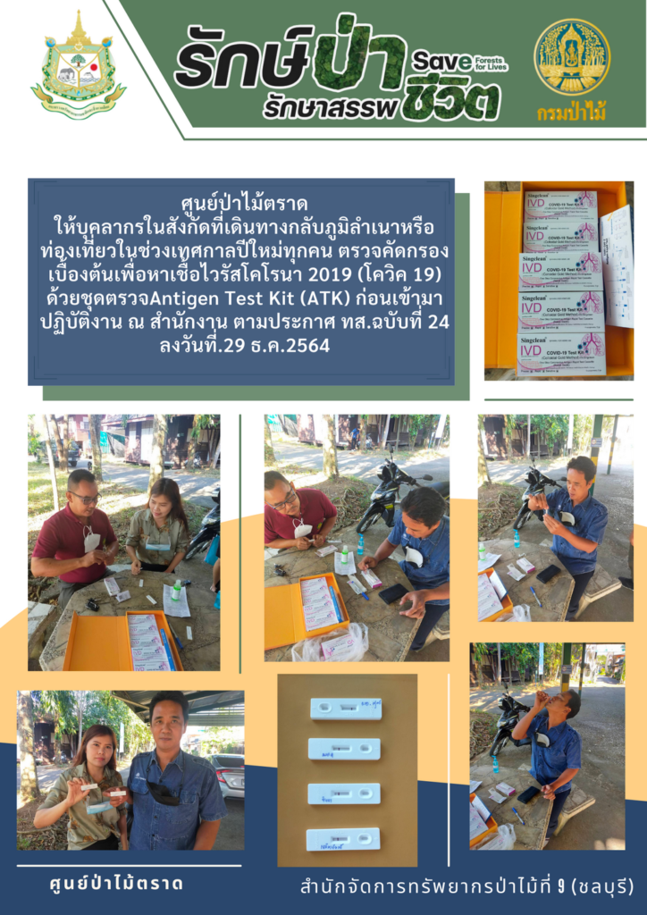 วันที่ 4 มกราคม 2565 ศูนย์ป่าไม้ตราดให้บุคลากรในสังกัดที่เดินทางกลับภูมิลำเนาหรือ่องเที่ยวในช่วงเทศกาลปีใหม่ทุกคน ตรวจคัดกรองเบื้องต้นหาเชื้อไวรัสโคโรนา 2019 (โควิด-19) ด้วยชุดตรวจ Antigen Test Kit (ATK) ก่อนเข้ามาปฏิบัติงาน ณ สำนักงาน ตามประกาศ ทส.ฉบับที่ 24 ลงวันที่ 29 ธันวาคม 2564