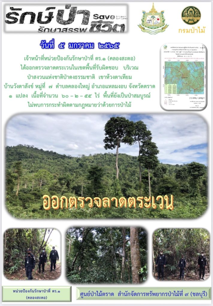 วันที่ 5 มกราคม 2565 เจ้าหน้าที่หน่วยป้องกันรักษาป่าที่ ตร.1 (คลองสะตอ) ได้ออกตรวจลาดตระเวนในเขตพื้นที่รับผิดชอบ บริเวณป่าสงวนแห่งชาติป่าดงธรรมชาติ เขาห้วยตาเทียม บ้านวังตาสังข์ หมู่ที่ 7 ตำบลคลองใหญ่ อำเภอแหลมงอบ จังหวัดตราด จำนวน 1 แปลง เนื้อที่ 60-2-55 ไร่ พื้นที่ยังเป็นป่าสมบูรณ์ ไม่พบการกระทำผิดตามกฎหมายว่าด้วยการป่าไม้