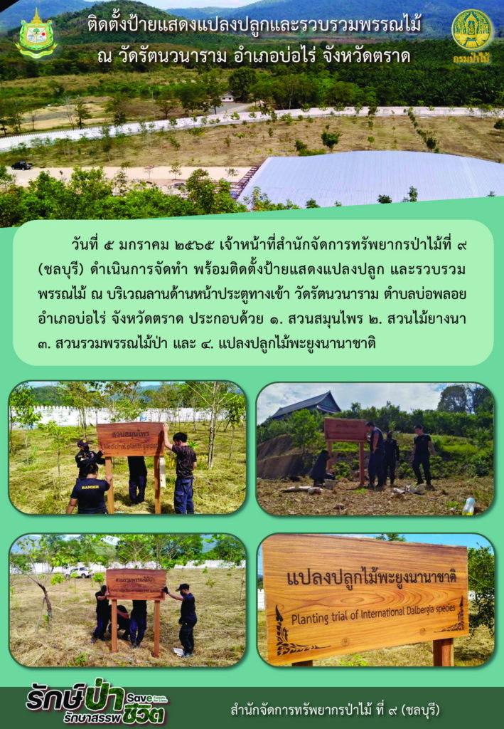 วันที่ 5 มกราคม 2565 เจ้าหน้าที่สำนักจัดการทรัพยากรป่าไม้ที่ 9 (ชลบุรี) ดำเนินการจัดทำ พร้อมติดตั้งป้ายแสดงแปลงปลูก และรวบรวมพรรไม้ ณ บริเวณลาดด้านหน้าประตูทางเข้า วัดรัตนวนาราม ตำบลบ่อพลอย อำเภอบ่อไร่ จังหวัดตราด ประกอบด้วย 1. สวนสมุนไพร 2. สวนไม้ยางนา 3. สวนรวมพรรณไม้ป่า 4. แปลงปลูกไม้พะยูงนานาชาติ
